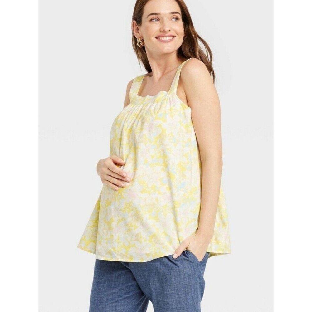 The Nines by Hatch yellow floral tank top Pregnant Mom maternity shirt Abstract